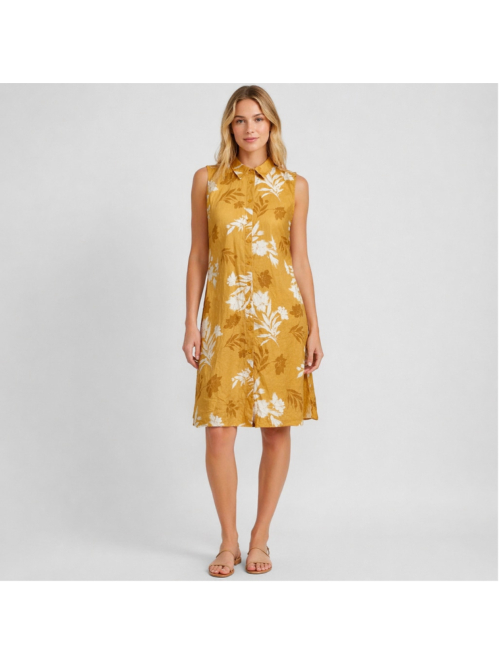 Garnet Hill Ochre Floral Sleeveless European Flax Linen Shirtdress Beachy size 6